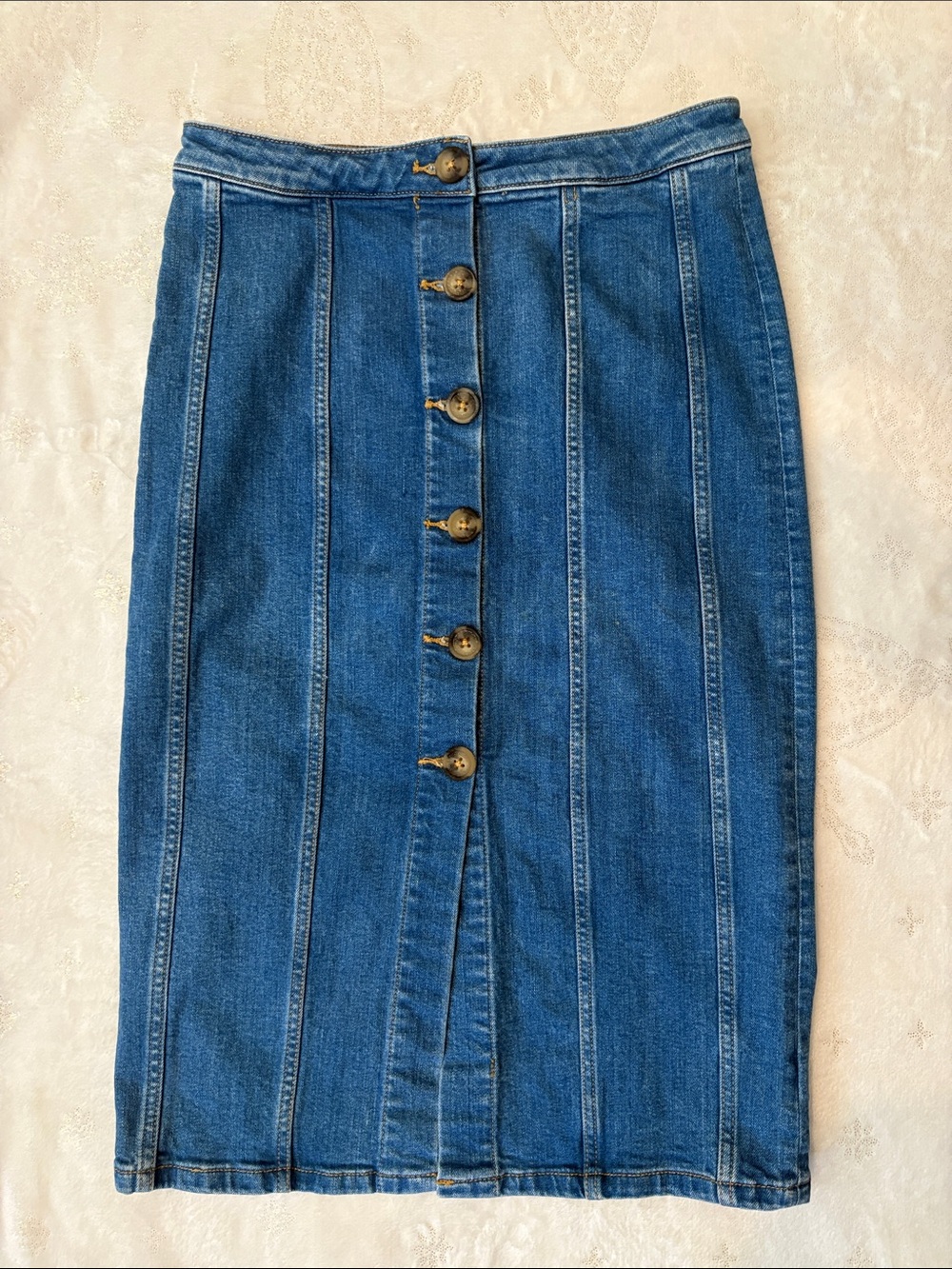 Anthropologie Pilcro 70s Button Front Denim Midi Skirt 8 Boho Utility Panel